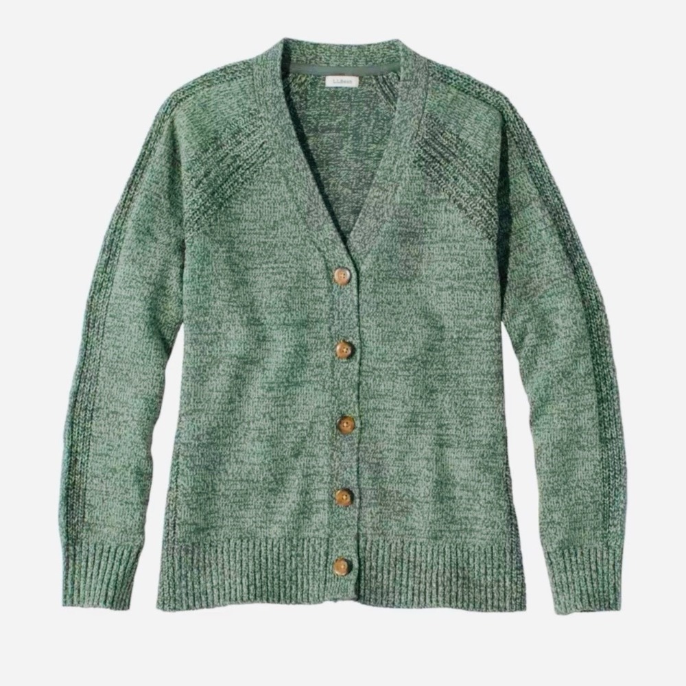 LL Bean Green Mariner V Neck Shaker Sweater Cardigan Button Up Cotton SMALL